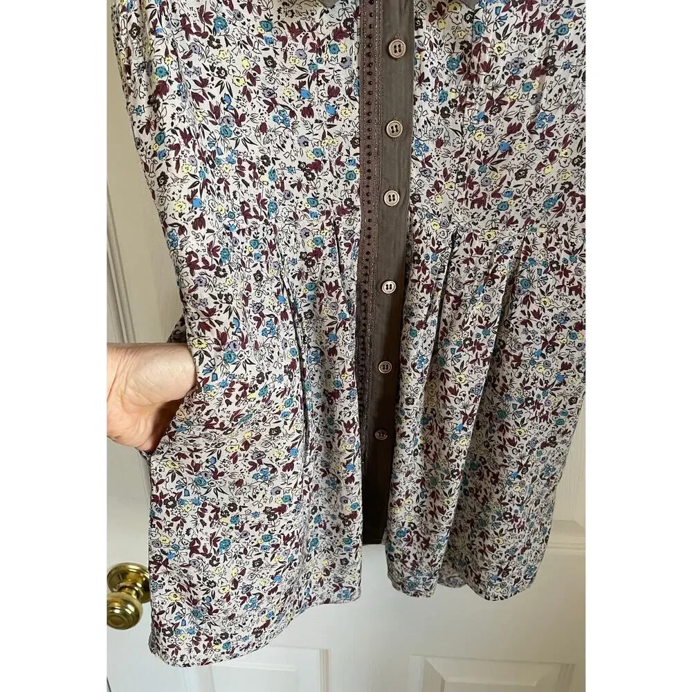 Free People Babydoll Top Sz XS Pockets Button Up Lace Beads Floral Peasant Boho